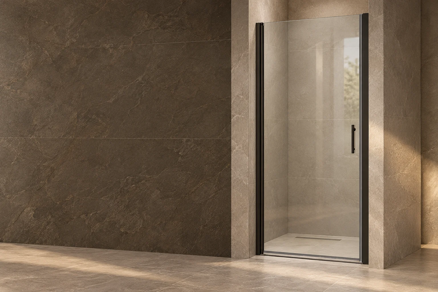 Matte black frameless pivot shower door in a neutral bathroom settingslider_item_1