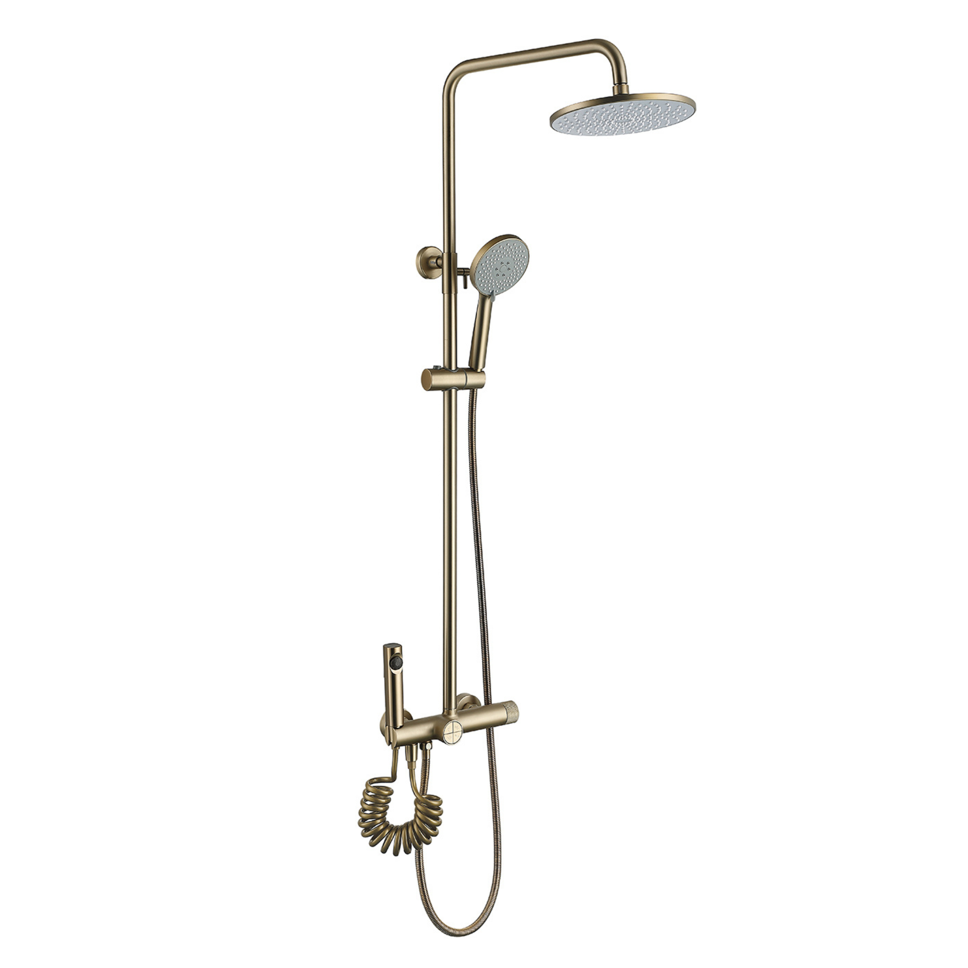 Brushed Gold Dual Shower Head System – 360° Rainfall & 5-Function Handheld
